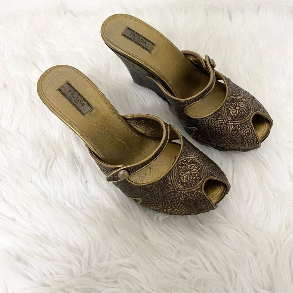 Prada  vintage embossed leather bronze peep toe wedges sandals EUR 37.5 US 7